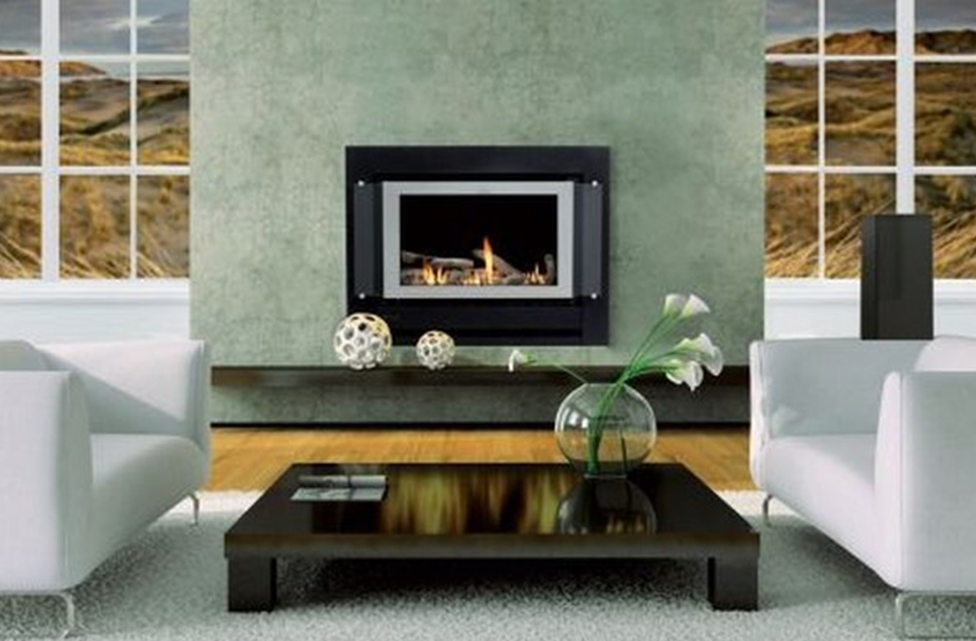 Neo inbuilt black outer and stainless inner with hearth lifestyle image