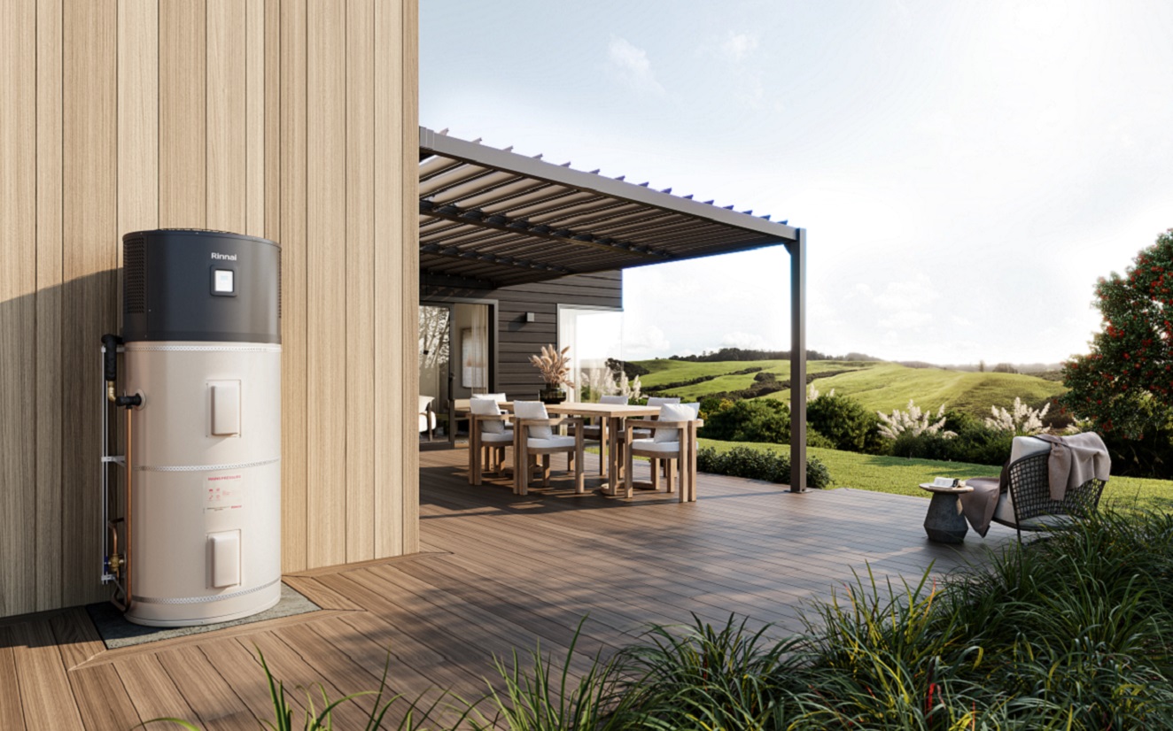 rinnai hot water heat pump mounted on wooden patio